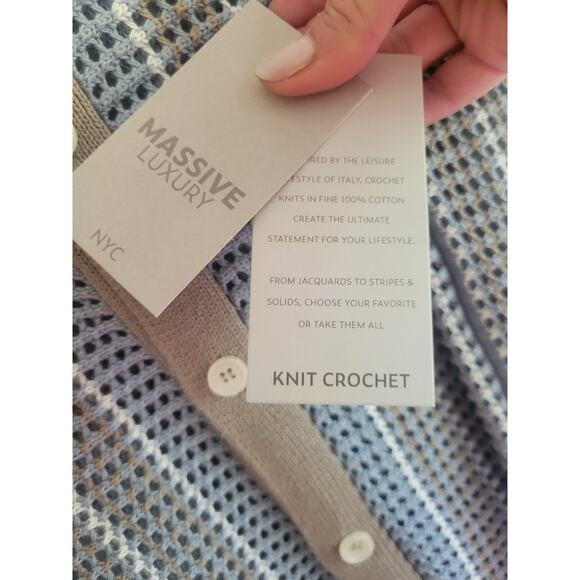 Massive Luxury Crochet Knit Polo Shirt Blue Striped Button Up Closure M Cotton - Picture 4 of 7